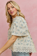 So Me Floral Print Lace Trim Blouse Top in Blue