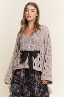 J.nna Open Knit Sweater with Bow Detail in Warm Grey