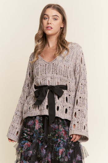 J.nna Open Knit Sweater with Bow Detail in Warm Grey