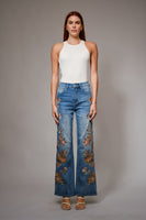 Blue B Wide Leg Denim Jeans With Floral Embroidery Down Sides in Medium Wash ON ORDER