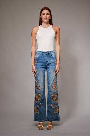 Blue B Wide Leg Denim Jeans With Floral Embroidery Down Sides in Medium Wash ON ORDER