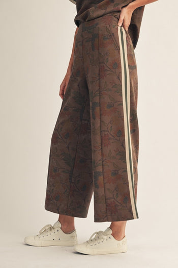 Jodifl Color Rib Band Side Accent Wide Leg Floral Pants in Brown