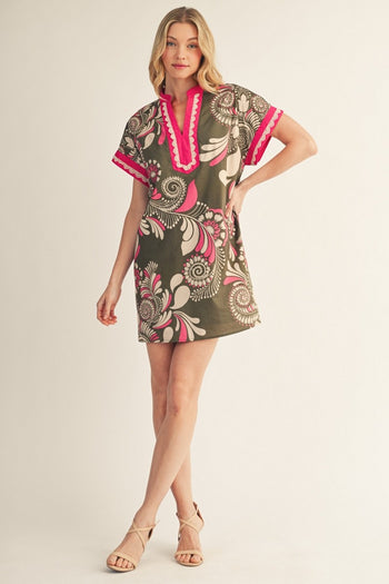 Jodifl Lace Trim Accent Boho Floral Dress in Olive