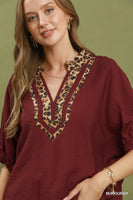 Umgee Leopard Trim Dolman Sleeve Blouse in Burgundy