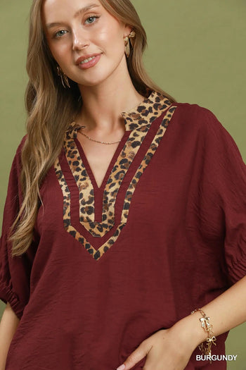 Umgee Leopard Trim Dolman Sleeve Blouse in Burgundy