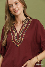 Load image into Gallery viewer, Umgee Leopard Trim Dolman Sleeve Blouse in Burgundy
