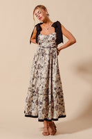 So Me Floral Print Maxi Dress with Contrasting Ribbon Shoulder Ties in Vintage Black