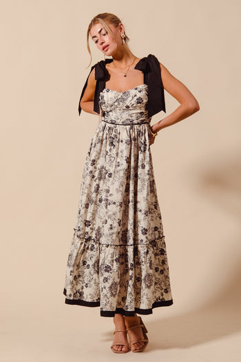 So Me Floral Print Maxi Dress with Contrasting Ribbon Shoulder Ties in Vintage Black