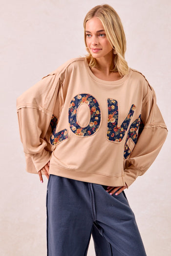 BiBi OVERSIZED French Terry Top with Floral "LOVE" Letter Patches in Oatmeal/Denim