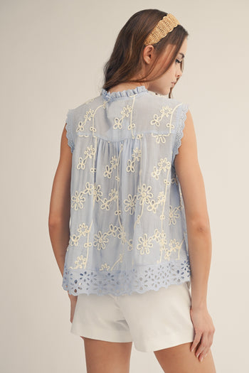 LovLov Blossom Delicate Lace Edged Embroidered Blouse in Ice Blue