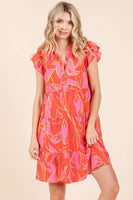 Mittoshop Leaf Print Tiered Mini Dress in Coral Combo