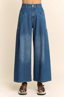 Davi & Dani High Waisted Front Slit Wide Leg Pants in Denim