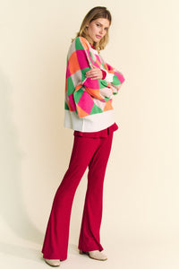 Davi & Dani Multi Colored Diamond Pattern Knit Sweater in Pink Orange