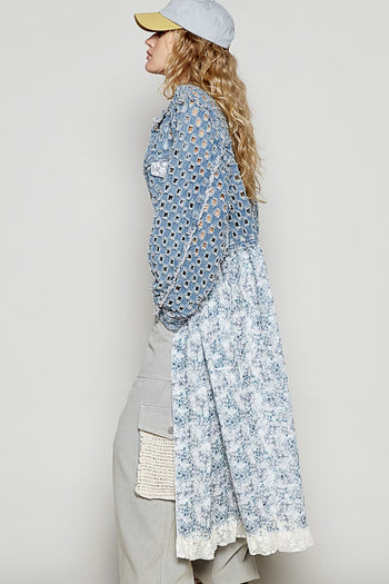 POL Textured Fabric and Floral Print Cardigan in Deep Denim