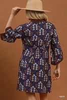 Umgee Floral Print Smocked Waist Dress in Navy