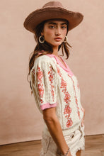 Load image into Gallery viewer, BiBi Lightweight Knit Top with Floral Embroidery in Ivory/Pink

