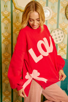 BiBi Fleece Sweatshirt with LOVE Front Patches and Side Bow Patches in Red/Pink