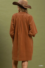 Load image into Gallery viewer, Umgee Corduroy V-Neck Puff Sleeve Shift Dress with Pockets in Camel
