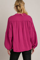 Umgee Cotton Gauze Collared V-Neck Top with Frays in Magenta