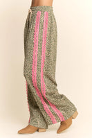 Davi & Dani Leopard Pants with Contrasting Lace Stripe in Green Leopard