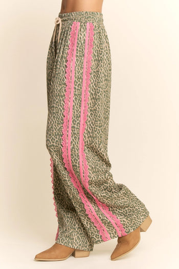 Davi & Dani Leopard Pants with Contrasting Lace Stripe in Green Leopard