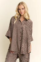 Davi & Dani Oversized Button Down Top in Mocha Leopard