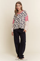 J.nna Mixed Fabric Relaxed Fit Top in Navy Pink