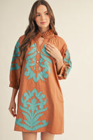 Jodifl Baroque Floral Applique Shift Dress in Toffee/Turquoise