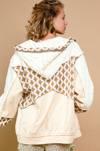 POL OVERSIZED Zip Up Hoodie Jacket with Mixed Fabric and Prints in Cream Multi