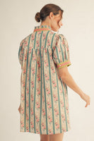 Jodifl Floral and Stripe Print Puff Sleeve Dress in Jade Mix