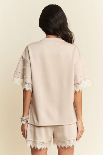 Davi & Dani Pearl Embellished and Lace Detailed Top in Beige