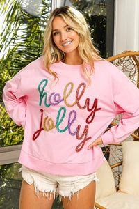 BiBi French Terry Top with HOLLY JOLLY Lettering with Metallic Tinsel in Pink