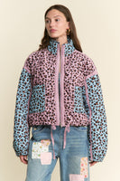 J.nna Multi Color Leopard Print Puffer Jacket in Pink Blue