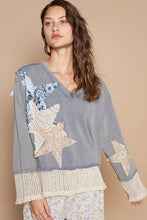 Load image into Gallery viewer, POL Solid Color Top French Terry Top with Star Patches in Blue Navy
