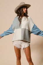 Load image into Gallery viewer, BiBi OVERSIZED Multi Colored Patched Terry Knit Top with Denim Sleeves in Denim/Ivory/Grey
