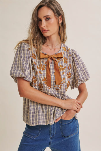In February French Farm Bubble Sleeves Plaid Embroidered Babydoll Blouse in Dark Cobalt