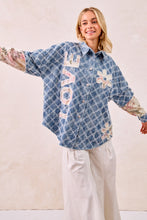 Load image into Gallery viewer, BiBi Distressed Diamon Pattern Shacket with Twill Floral Patches in Denim/Cream Multi
