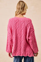 BiBi Cable Knit Mineral Washed Sweater in Washed Hot Pink