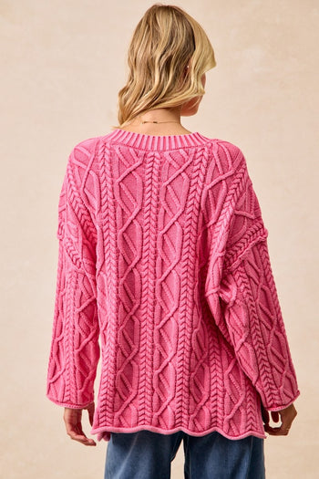 BiBi Cable Knit Mineral Washed Sweater in Washed Hot Pink