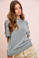 BiBi Washed Rib Banded Drop Shoulder Sweater Top in Smoke Grey