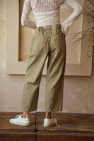 LovLov Paint Splatter and Patched Barrel Pants in Olive