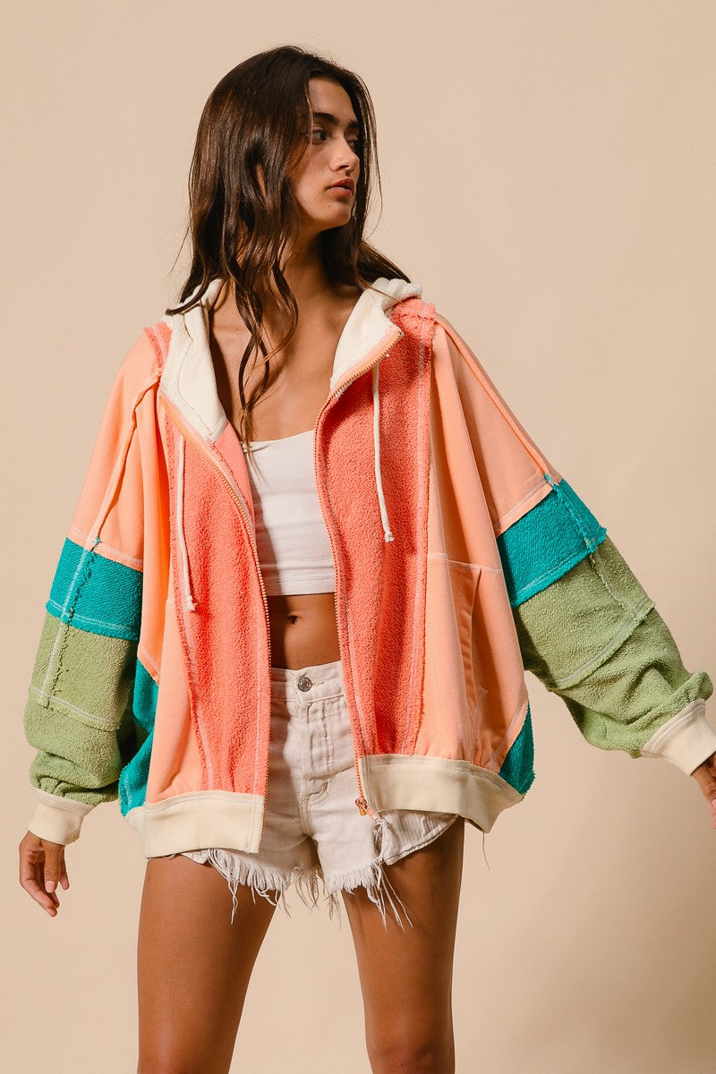 BiBi OVERSIZED Colorblock Knit & Terry Knit Jacket in Coral/Peach