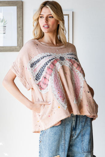 Oli & Hali Paint Splatter Top with Large Ribbon Bow Patch on Front in Pink