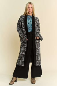 Davi & Dani Granny Square Open Front Long Cardigan in Black Multi