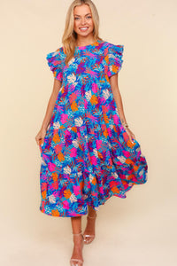 Haptics Tropical Floral Print Tiered Maxi Dress in Blue/Fuchsia/Orange