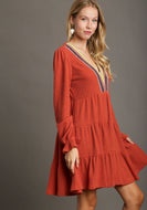 Umgee Crochet Embroidery Tiered Knit Dress in Rust