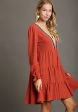 Load image into Gallery viewer, Umgee Crochet Embroidery Tiered Knit Dress in Rust
