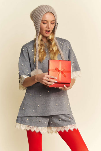 Davi & Dani Pearl Embellished and Lace Detailed Top in Grey