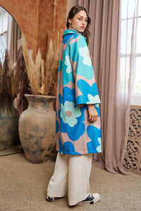 Davi & Dani Bold Retro Floral Print Jacket in Teal Green