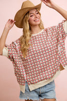 BiBi OVERSIZED Lightweight Knit Retro Floral Print Top in Cream/Red Flower
